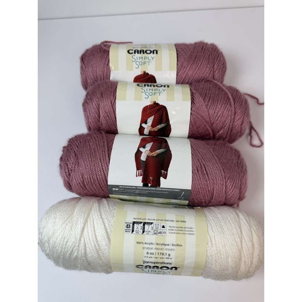 Caron Simply Soft Yarn 4 Pack Himalayan Salt‎ 6oz 315yds Plum Wine White